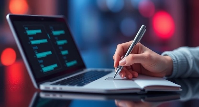 a desk covered in a variety of sleek, modern ai note taker tools, each displaying unique features and functionalities. Top 10 Best Free AI Note Taker Tools in 2025