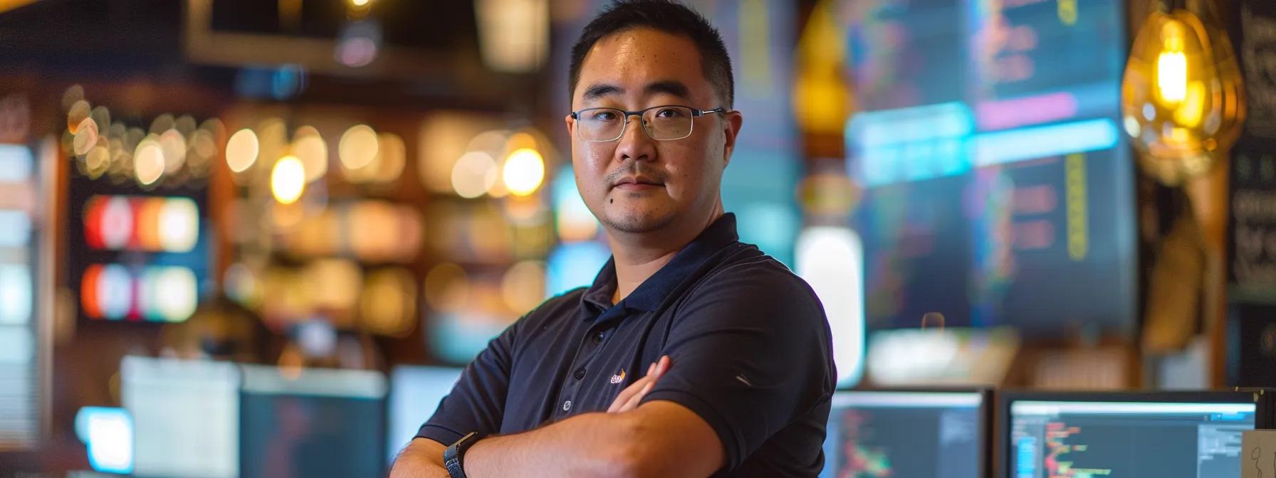 a confident, focused flutter developer surrounded by screens displaying code snippets and project sketches.