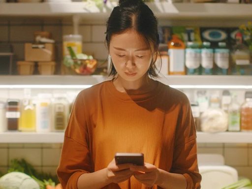 a woman effortlessly reordering groceries with a single click on her smartphone, surrounded by a variety of fresh ingredients and products.
