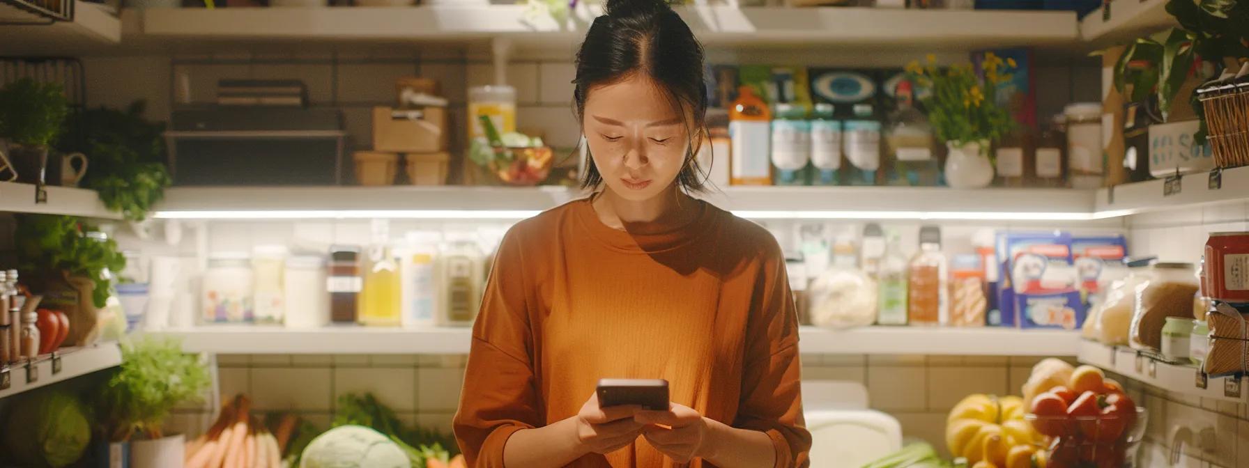 a woman effortlessly reordering groceries with a single click on her smartphone, surrounded by a variety of fresh ingredients and products.