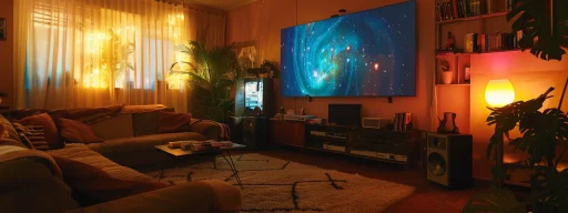 a cozy living room with a giant screen showing a vibrant movie on an ott platform.