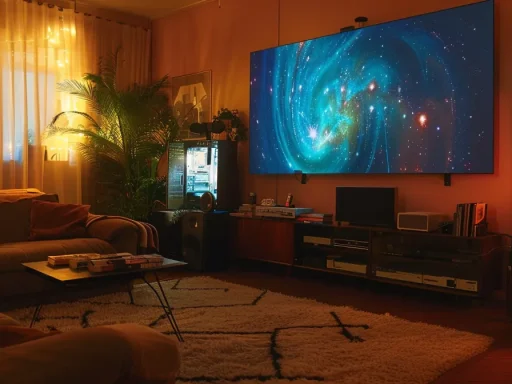 a cozy living room with a giant screen showing a vibrant movie on an ott platform.