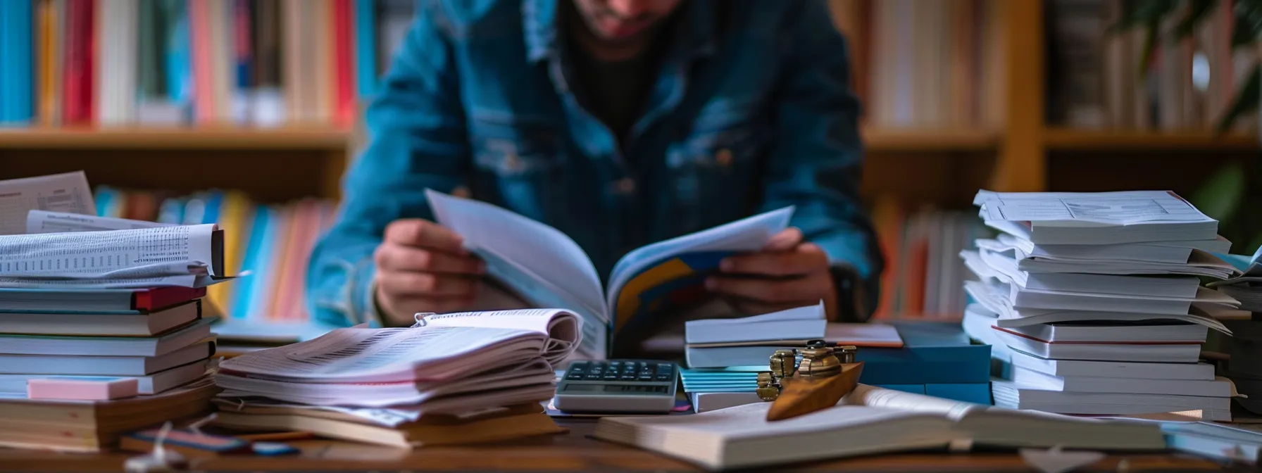 a person carefully analyzing financial documents and spreadsheets with a focused expression, surrounded by stacked books and a calculator on a wooden desk. a person carefully analyzing financial documents and spreadsheets with a focused expression, surrounded by stacked books and a calculator on a wooden desk.
