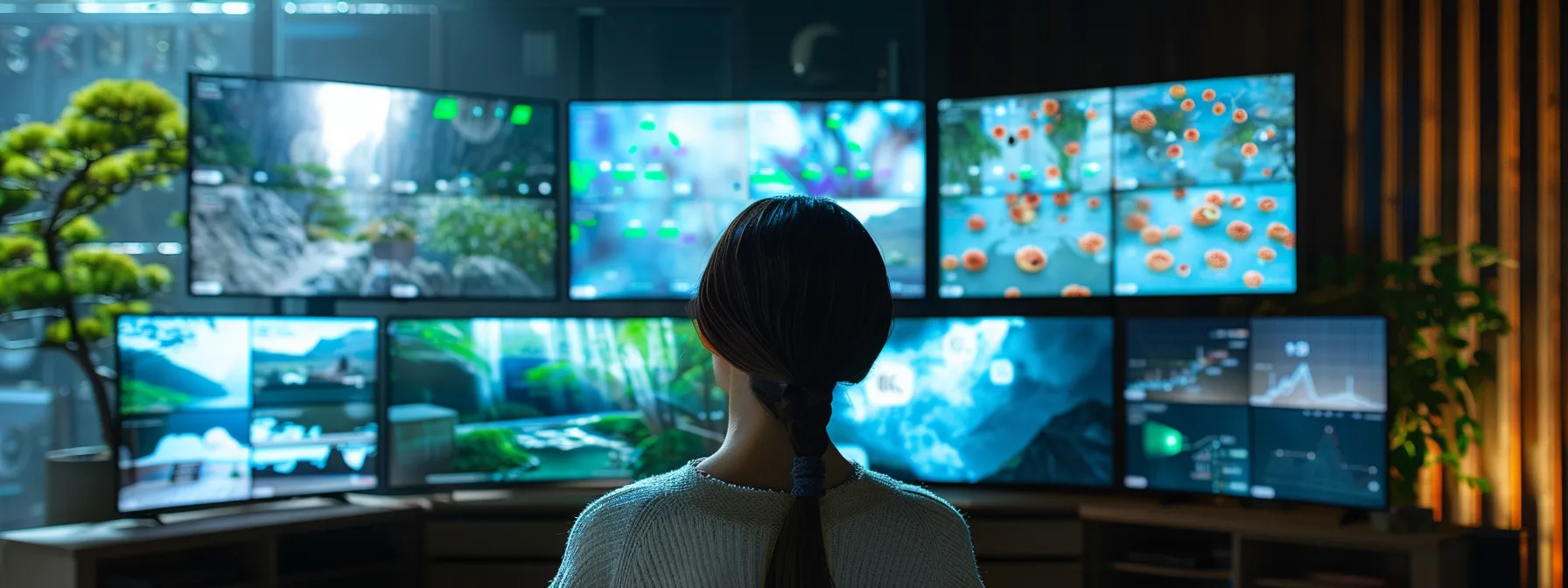 a person evaluating multiple screens displaying detailed analytics and user-friendly interfaces of various ott platforms on smart tvs. a person evaluating multiple screens displaying detailed analytics and user-friendly interfaces of various ott platforms on smart tvs.