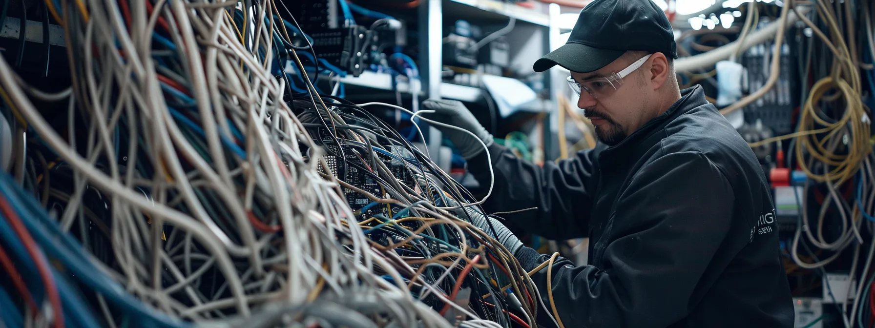 a technician carefully examining multiple interconnected wires and cables for an ott platform, surrounded by various third-party integration devices and tools. a technician carefully examining multiple interconnected wires and cables for an ott platform, surrounded by various third-party integration devices and tools.