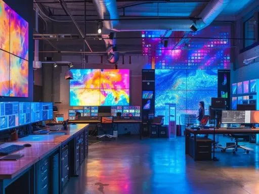 vibrant, tech-themed workspace with multiple screens displaying flutter code for cross-platform app development.