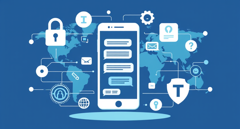 Secure Messaging Apps in 2025. Illustration of a smartphone with secure messaging icons surrounding it, including a padlock, shield, chat bubbles, and global connectivity elements, representing encrypted communication apps in 2025.