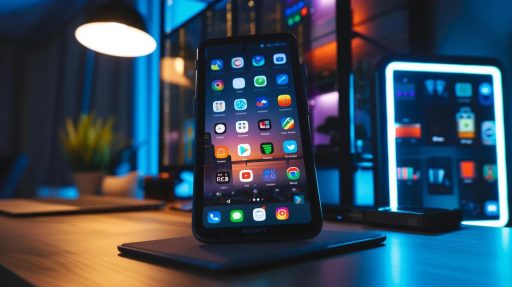 a sleek smartphone displaying a vibrant, modern interface of privacy-focused messaging apps, set against a backdrop of a dimly lit room emphasizing digital security and confidentiality.