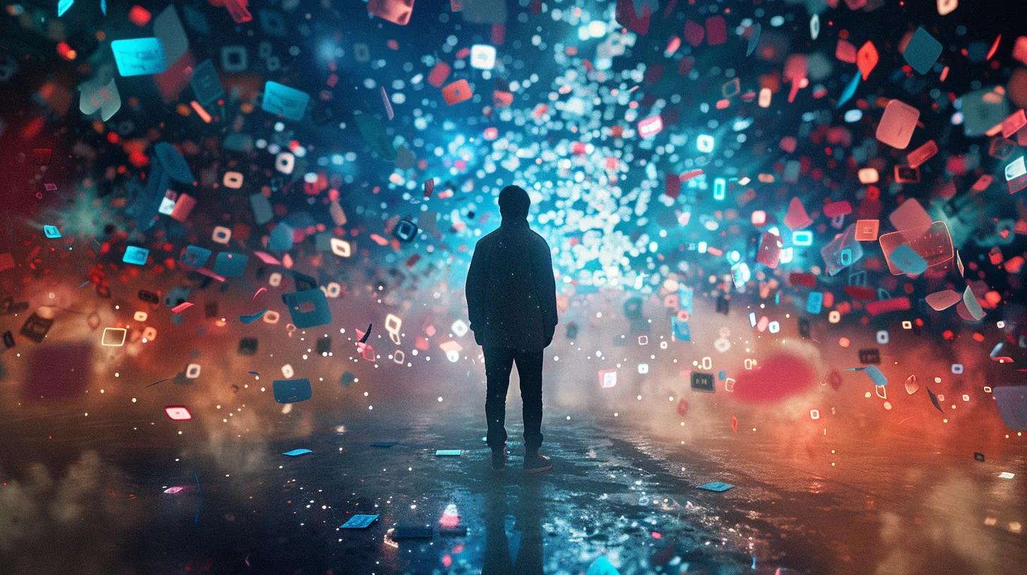 a contemplative figure stands amidst a swirling cloud of vibrant digital data symbols, signifying the complexities and concerns of privacy in the digital age, illuminated by a stark, moody light that highlights the tension between connectivity and security.