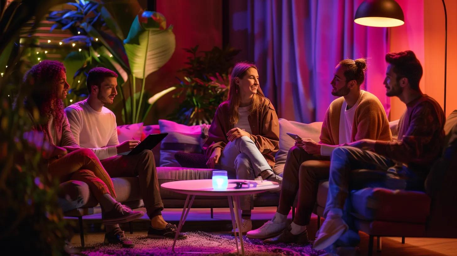 a vibrant tableau showcasing diverse individuals engaged in secure conversations on their devices, illuminated by soft, ambient lighting that highlights the essence of privacy and trust in digital communication.