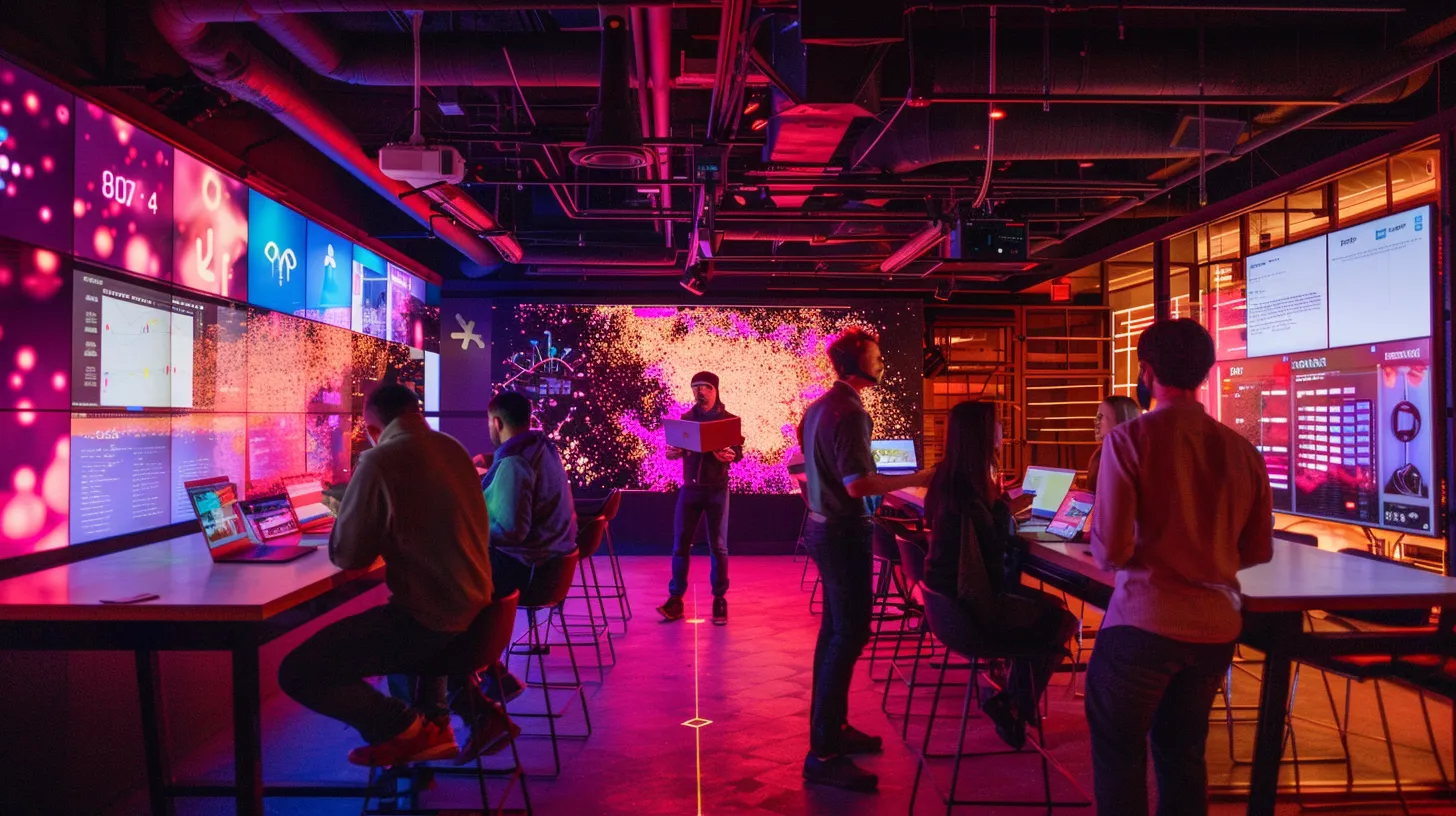 a dynamic and vibrant workspace featuring a group of expert flutter app developers collaborating on a sleek mobile app, surrounded by interactive screens displaying code and design elements, illuminated by warm, focused lighting that highlights their innovative ideas and teamwork.