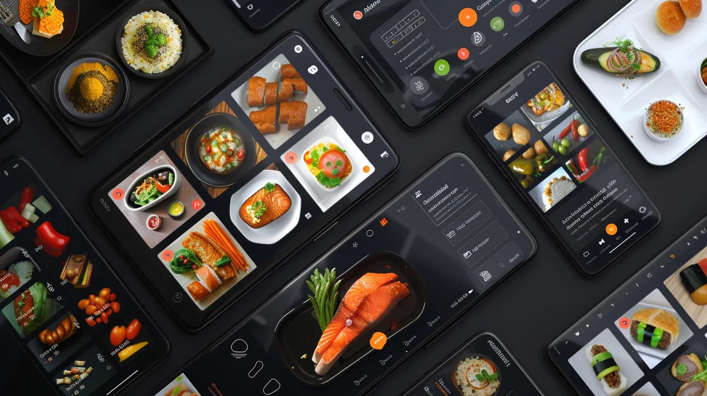 a dynamic, visually captivating depiction of a sleek, modern food delivery app interface displayed on various devices, showcasing vibrant food images and intuitive navigation, set against a minimalist background that emphasizes the innovation in digital dining solutions. a dynamic, visually captivating depiction of a sleek, modern food delivery app interface displayed on various devices, showcasing vibrant food images and intuitive navigation, set against a minimalist background that emphasizes the innovation in digital dining solutions.