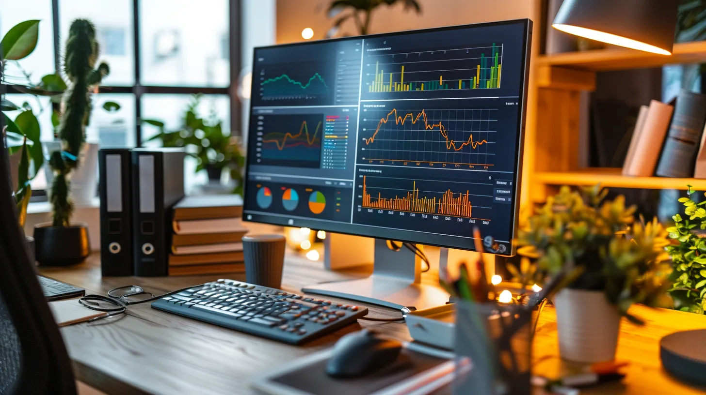 a sleek, modern office space with a glowing computer screen displaying a digital dashboard for payment gateway analysis, illuminated by soft, ambient lighting that highlights the intricate details of financial data and currency icons.