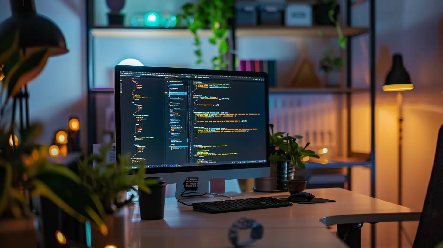 a sleek, modern workspace showcases a vibrant flutter app development environment, featuring a high-resolution computer screen displaying a visually stunning mobile app interface, bathed in warm natural light.