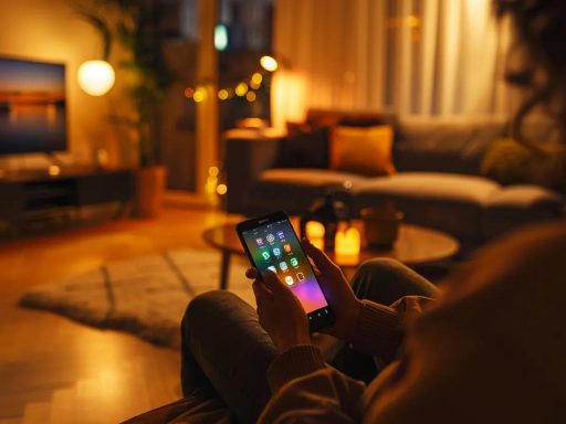 a sleek smartphone displaying a vibrant home service app interface, set against a warm, inviting background featuring cozy home elements and soft, natural lighting, embodies modern convenience and innovation in home care.
