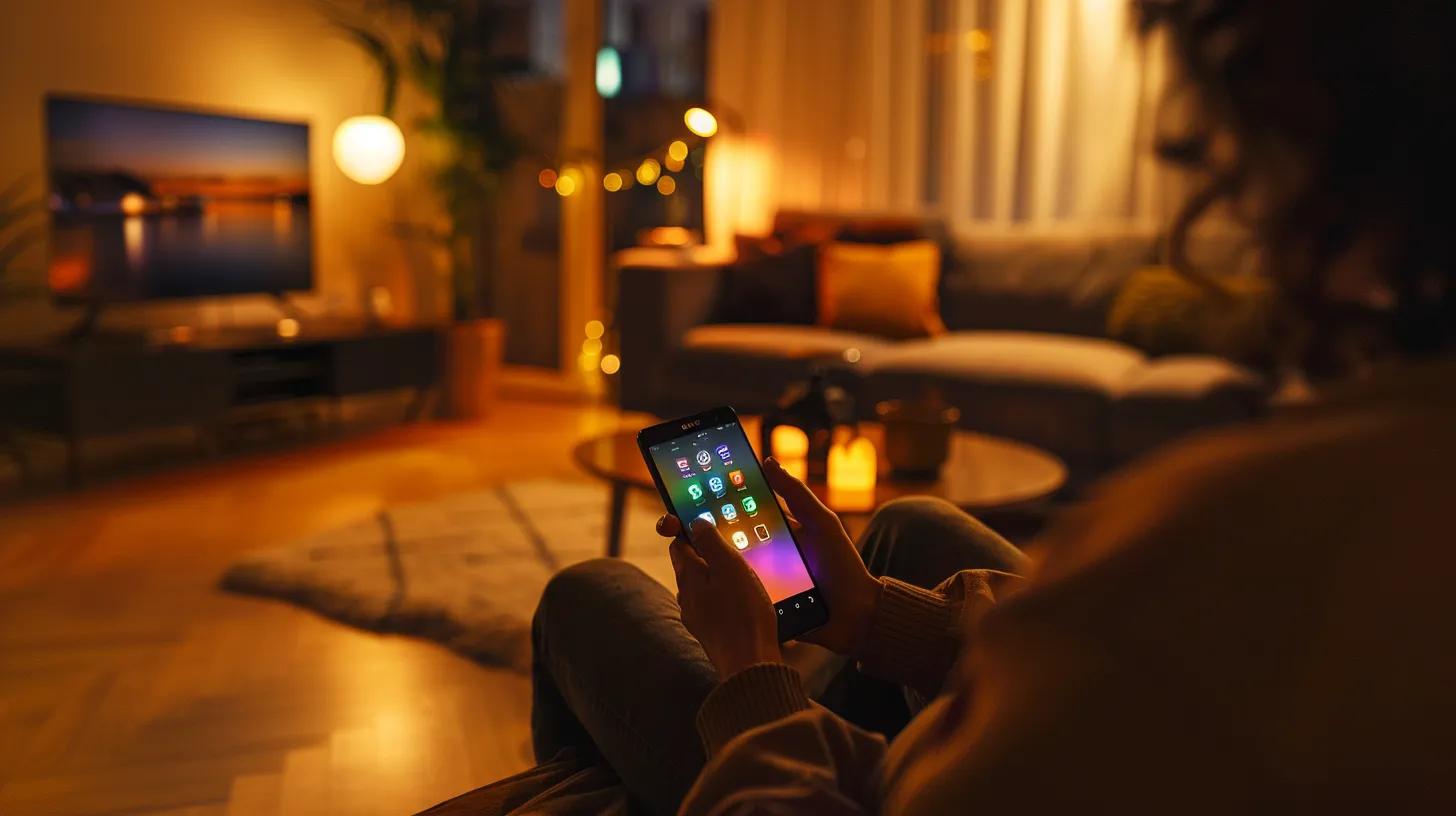 a sleek smartphone displaying a vibrant home service app interface, set against a warm, inviting background featuring cozy home elements and soft, natural lighting, embodies modern convenience and innovation in home care.