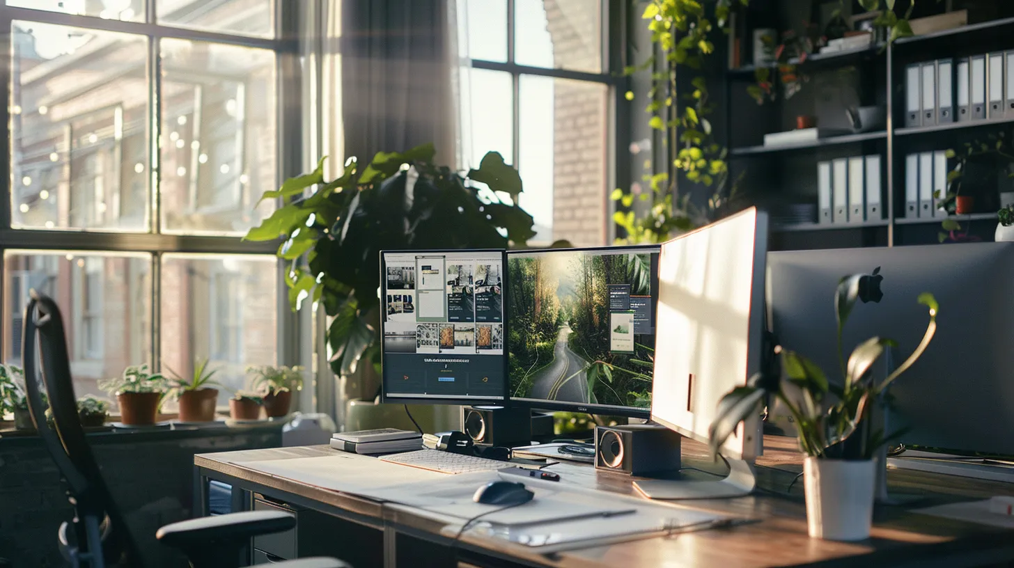 a striking visual of a sleek, modern office workspace adorned with dual computer screens displaying vibrant, user-friendly website designs, bathed in warm, natural light that enhances a productive atmosphere of creativity and collaboration. Case Studies of Successful White Label Development Projects