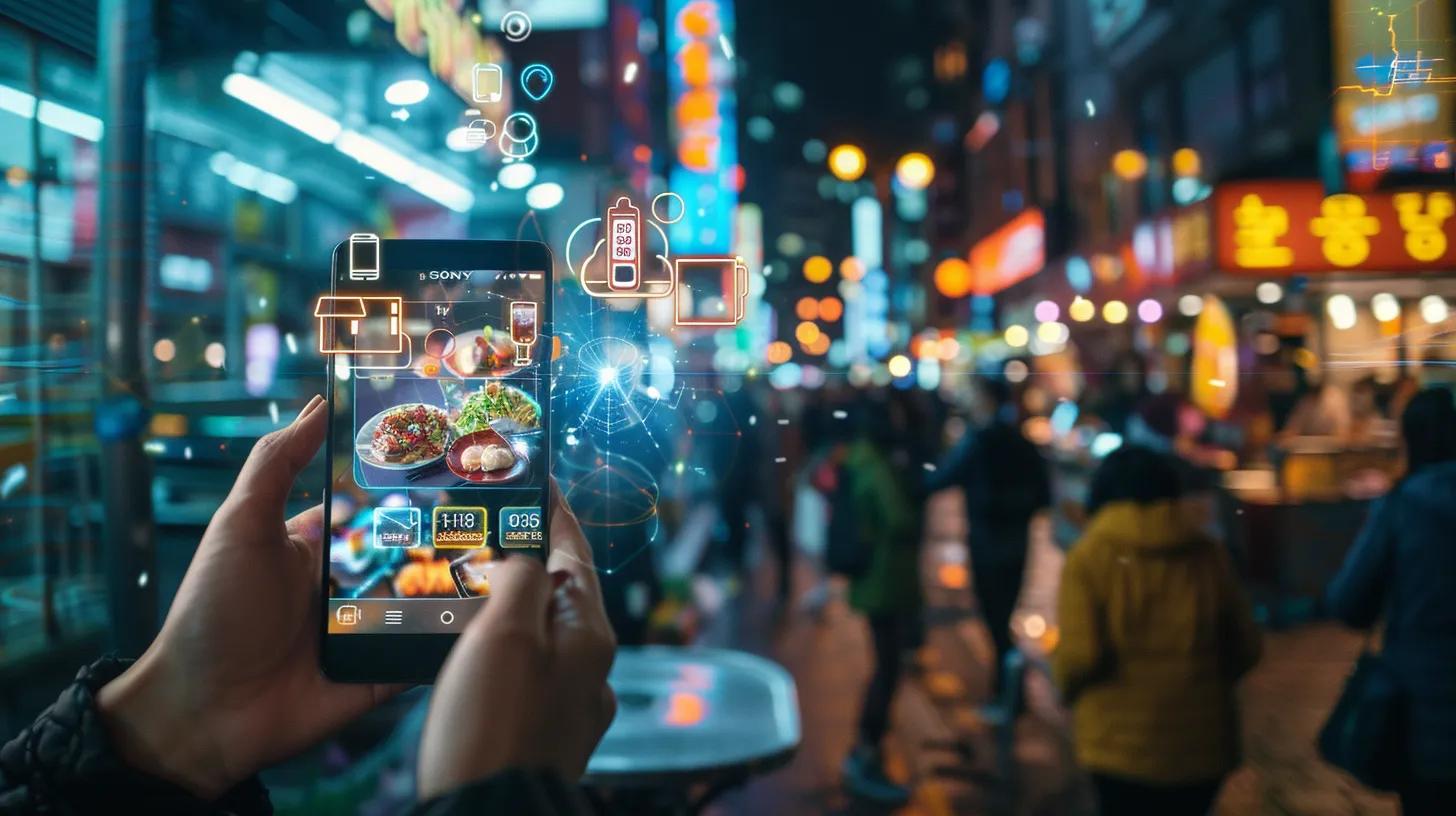 a vibrant, bustling urban street scene showcases a dynamic food delivery app interface displayed on a smartphone, with diverse customers engaging with the platform while surrounded by enticing food visuals and lively restaurant promotions, all under bright city lights. a vibrant, bustling urban street scene showcases a dynamic food delivery app interface displayed on a smartphone, with diverse customers engaging with the platform while surrounded by enticing food visuals and lively restaurant promotions, all under bright city lights.