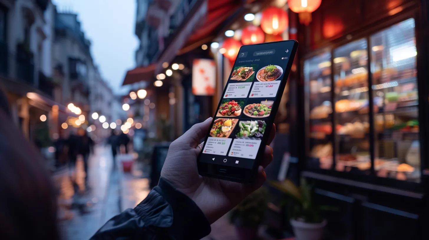 a vibrant, high-tech food delivery app interface is displayed on a sleek smartphone, showcasing intuitive navigation and enticing seasonal promotions against a backdrop of a bustling urban environment. a vibrant, high-tech food delivery app interface is displayed on a sleek smartphone, showcasing intuitive navigation and enticing seasonal promotions against a backdrop of a bustling urban environment.