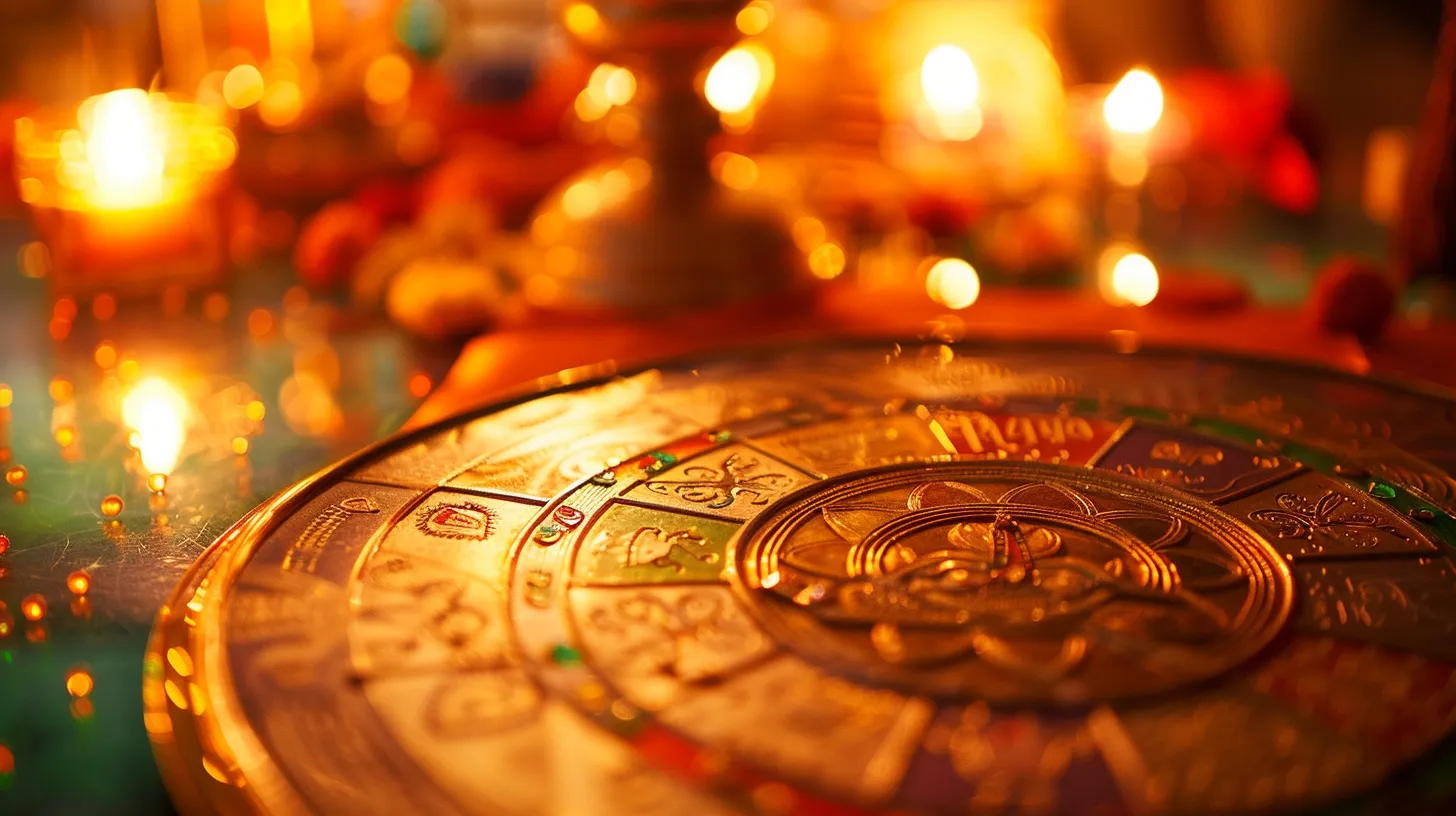 a vibrant scene of an astrology app interface displaying daily vedic predictions surrounded by symbols of indian culture, rich colors, and celestial motifs under warm, inviting lighting. a vibrant scene of an astrology app interface displaying daily vedic predictions surrounded by symbols of indian culture, rich colors, and celestial motifs under warm, inviting lighting.