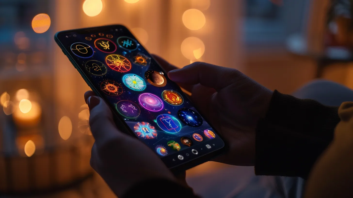 a vibrant smartphone screen displaying an engaging astrology app interface, filled with colorful zodiac symbols and celestial imagery, set against a soft, ambient backdrop that evokes a sense of cosmic wonder.