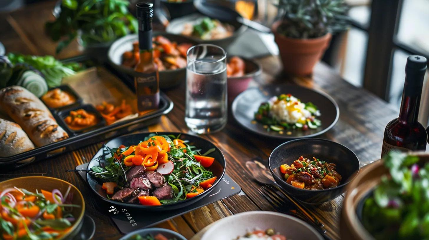 a vibrant urban setting featuring a sleek, modern food delivery app interface on a smartphone, with mouthwatering dishes displayed around it, highlighting the seamless and innovative technology transforming the food delivery experience. a vibrant urban setting featuring a sleek, modern food delivery app interface on a smartphone, with mouthwatering dishes displayed around it, highlighting the seamless and innovative technology transforming the food delivery experience.