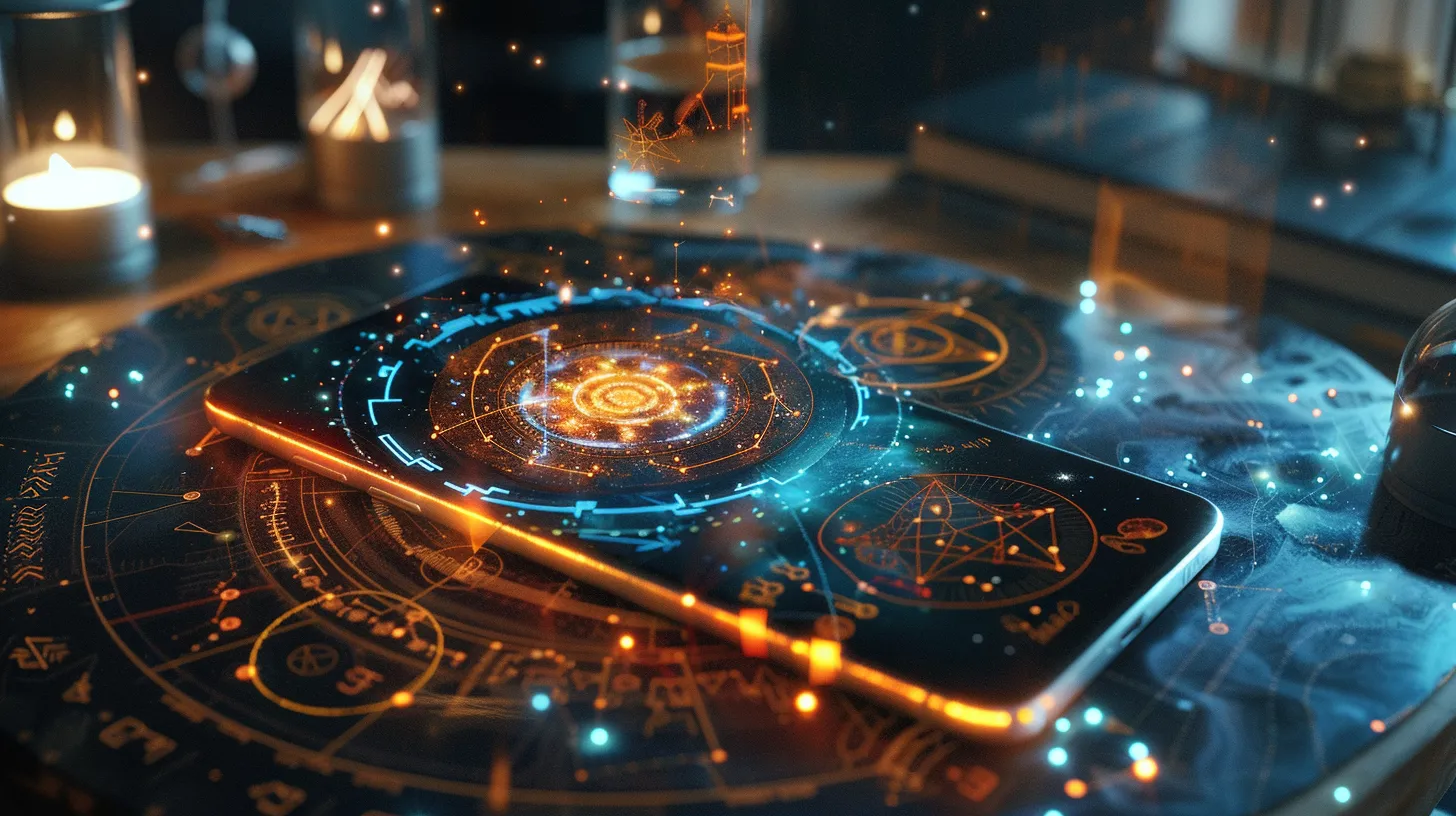 a visually engaging scene of a smartphone displaying vibrant astrology app interfaces, surrounded by celestial symbols and constellations, illuminated by ethereal light to evoke a sense of cosmic insight and guidance. a visually engaging scene of a smartphone displaying vibrant astrology app interfaces, surrounded by celestial symbols and constellations, illuminated by ethereal light to evoke a sense of cosmic insight and guidance.
