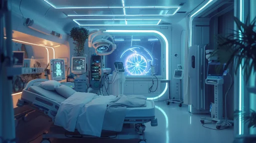 a vibrant, futuristic hospital scene showcases advanced medical equipment and ai-driven technology seamlessly integrated into patient care, illuminated by soft, ambient lighting that conveys a sense of hope and innovation.
