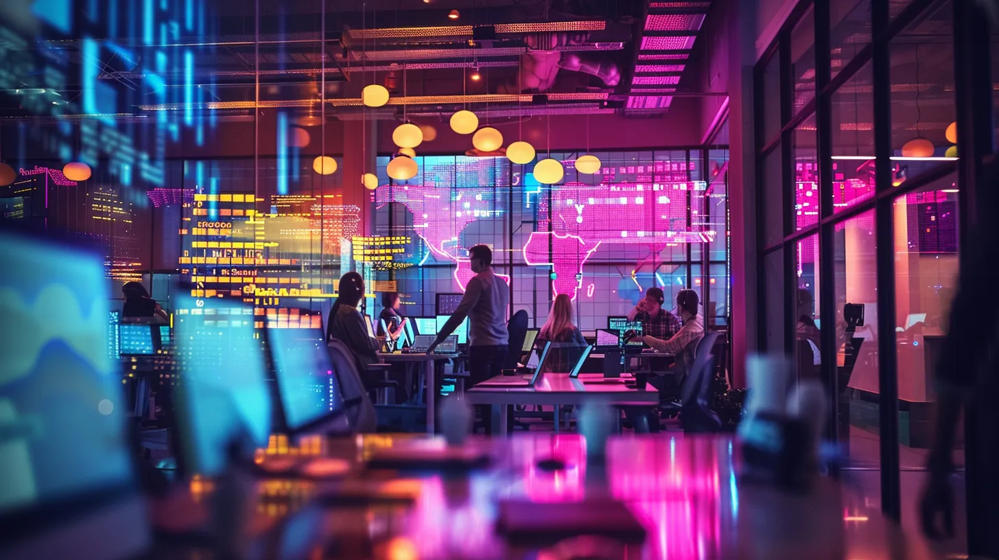 a compelling visual of a bustling tech hub featuring a diverse team collaborating on a mobile app development project, illuminated by vibrant screens displaying analytics and marketing strategies, encapsulating the dynamic nature of digital transformation and the hidden costs of app development. Hidden Costs Involved in Mobile App Development