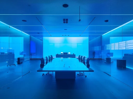 a futuristic office bathed in soft blue light showcases sleek, cutting-edge technology and vibrant digital displays, symbolizing the dynamic innovation of an artificial intelligence development company.
