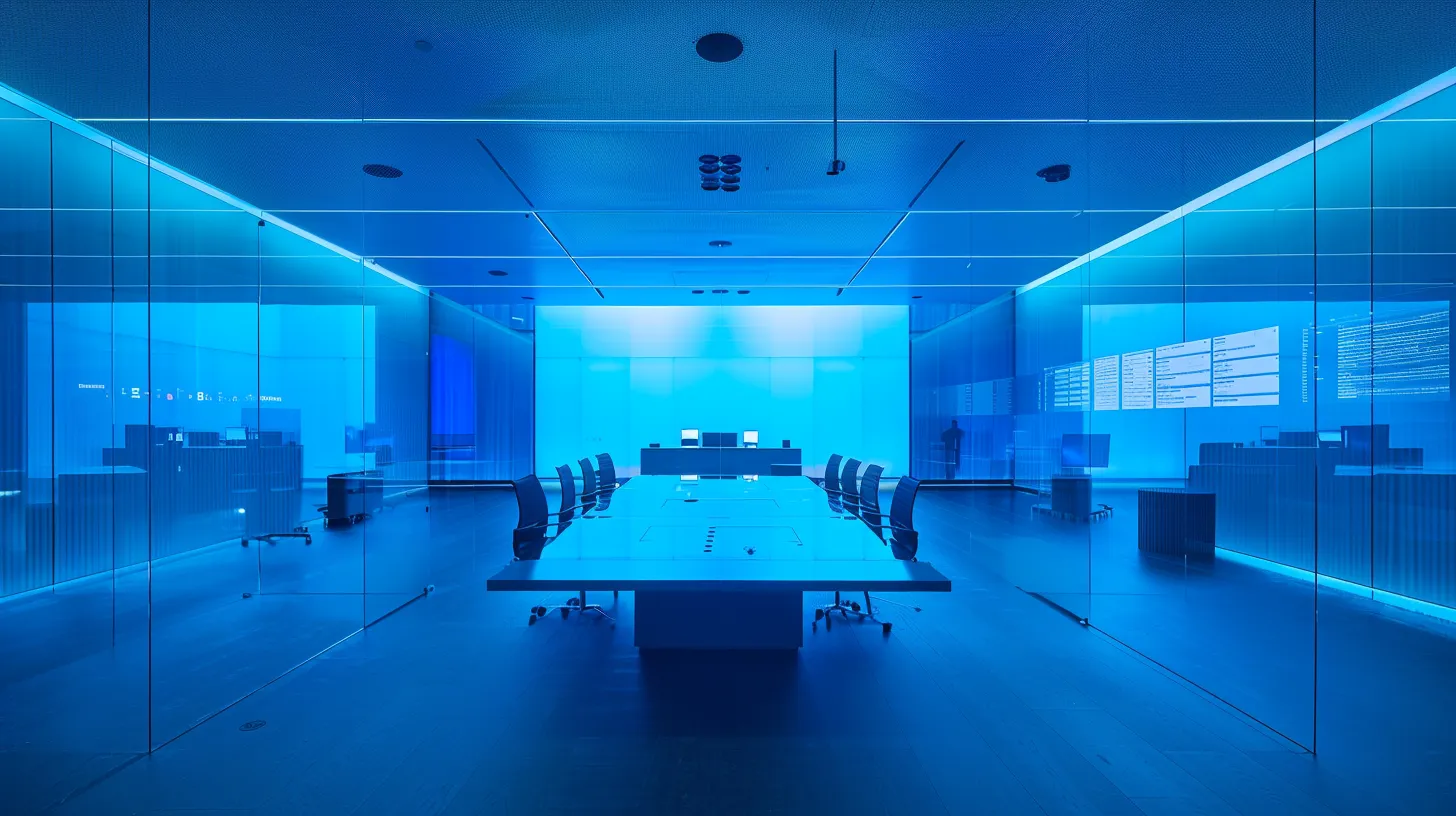 a futuristic office bathed in soft blue light showcases sleek, cutting-edge technology and vibrant digital displays, symbolizing the dynamic innovation of an artificial intelligence development company.