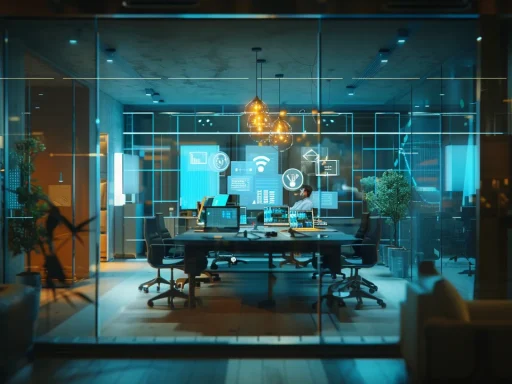 a futuristic office environment buzzes with innovation, showcasing sleek technology and vibrant screens that illuminate a team collaborating passionately on groundbreaking ai development.