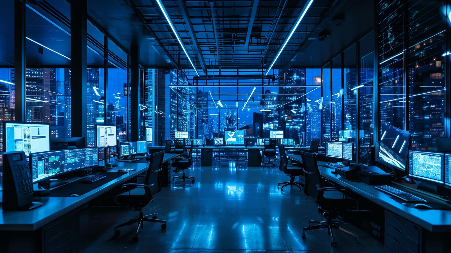 a futuristic office filled with sleek, high-tech workstations, illuminated by soft blue led lights, showcasing innovative ai development in a collaborative atmosphere. a futuristic office filled with sleek, high-tech workstations, illuminated by soft blue led lights, showcasing innovative ai development in a collaborative atmosphere.