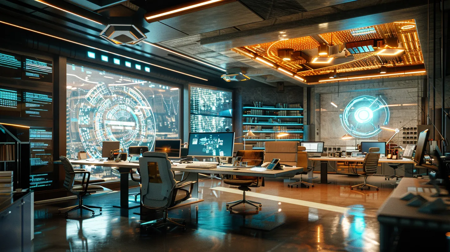 a futuristic office space brimming with vibrant holographic displays and sleek, innovative technology, capturing the essence of cutting-edge ai development in a modern, collaborative environment. a futuristic office space brimming with vibrant holographic displays and sleek, innovative technology, capturing the essence of cutting-edge ai development in a modern, collaborative environment.