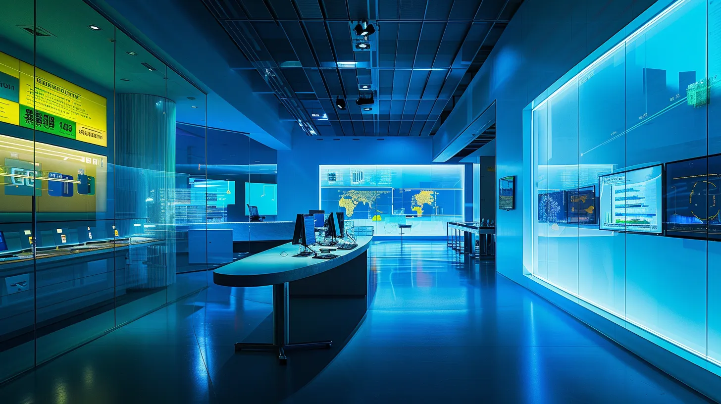 a futuristic office space brimming with sleek tech displays and vibrant holograms, symbolizing the dynamic environment of an innovative ai development company, illuminated by soft blue and green ambient lighting. a futuristic office space brimming with sleek tech displays and vibrant holograms, symbolizing the dynamic environment of an innovative ai development company, illuminated by soft blue and green ambient lighting.