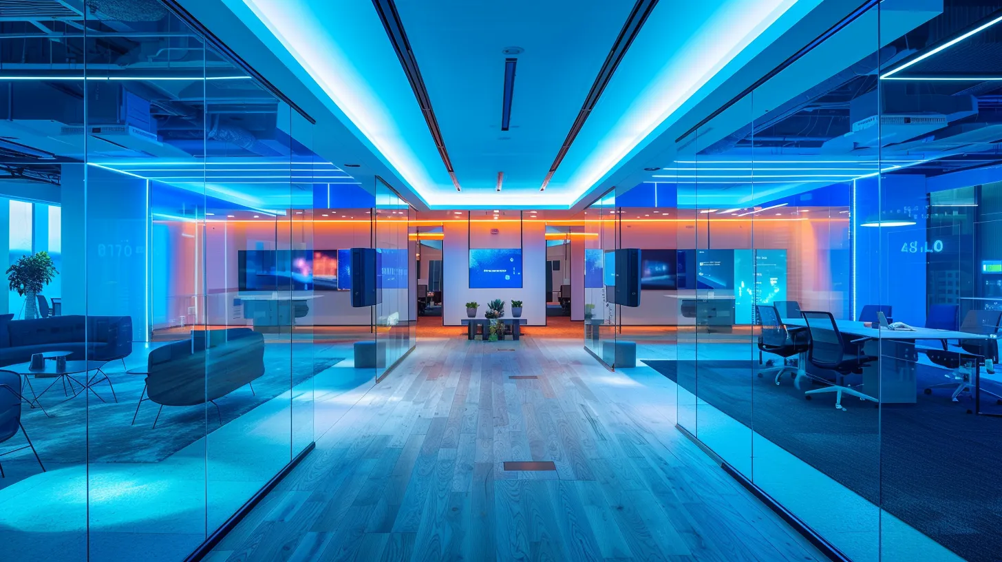 a sleek, modern office space filled with vibrant holographic displays showcasing innovative ai software, illuminated by dynamic blue and white lighting that creates a futuristic ambiance. a sleek, modern office space filled with vibrant holographic displays showcasing innovative ai software, illuminated by dynamic blue and white lighting that creates a futuristic ambiance.