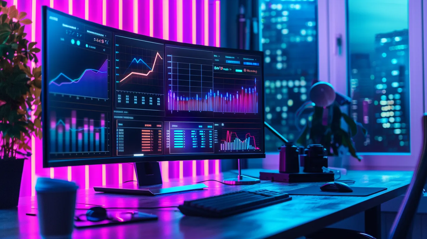 a sleek, modern workspace featuring a large screen displaying dynamic charts and graphs related to mobile app development budgeting, with vibrant colors illuminating the room, creating an atmosphere of focus and innovation. Tips for Budgeting Your App Development Project