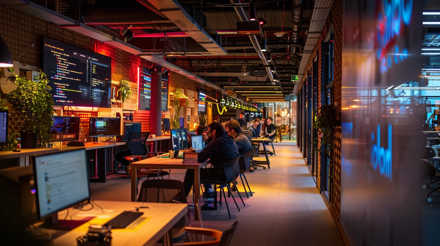 a vibrant, contemporary workspace showcases a diverse team of developers collaborating on mobile app prototypes, surrounded by digital screens displaying intricate code and app animations, illuminated by soft, focused lighting. Comparing Android App Development Prices in India
