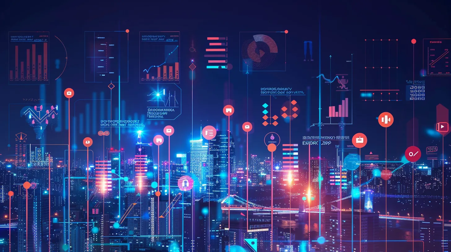 a vibrant infographic merges sleek mobile app icons from fintech, healthcare, ecommerce, and logistics against a modern city skyline backdrop, illuminated by dynamic graphs illustrating cost breakdowns and customer experience enhancements. Breakdown of App Development Costs by Industry