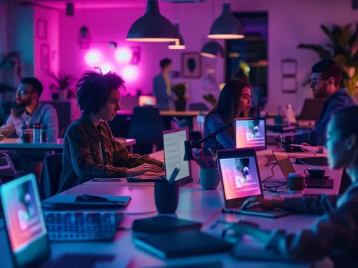 a vibrant workspace filled with sleek laptops and digital design tools showcases a diverse team engaged in mobile app development discussions, illuminated by soft, ambient lighting that highlights their collaborative energy.