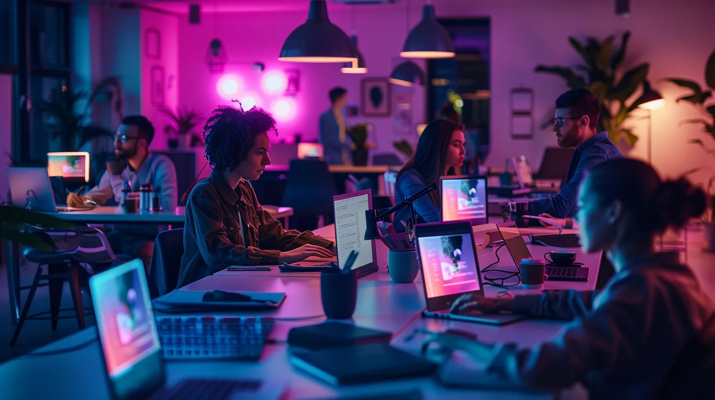 a vibrant workspace filled with sleek laptops and digital design tools showcases a diverse team engaged in mobile app development discussions, illuminated by soft, ambient lighting that highlights their collaborative energy.