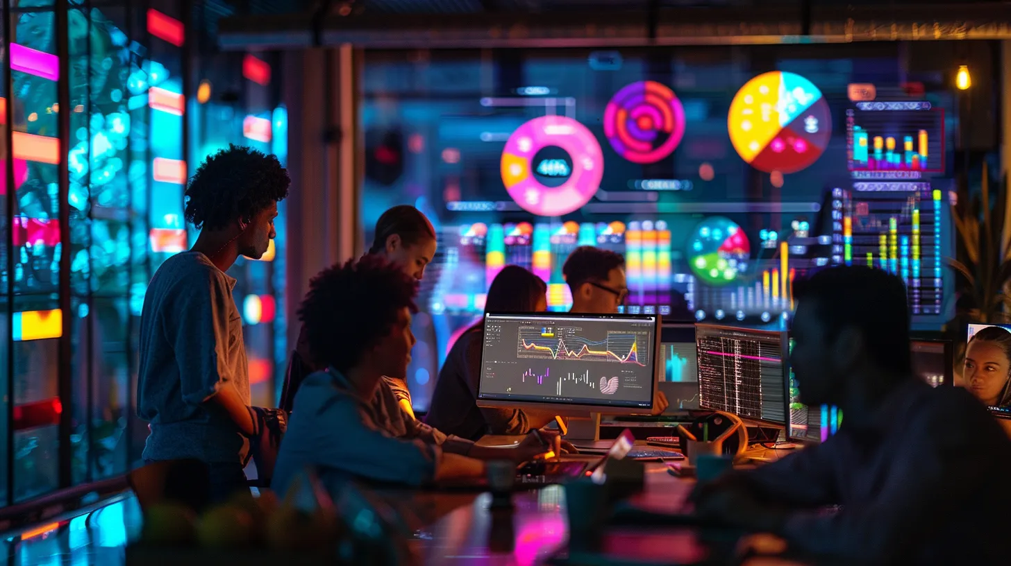 a vibrant workspace showcasing diverse professionals collaboratively discussing mobile app development strategies, accentuated by colorful charts and screens displaying app projects and cost insights. Understanding Development Team Charges in India