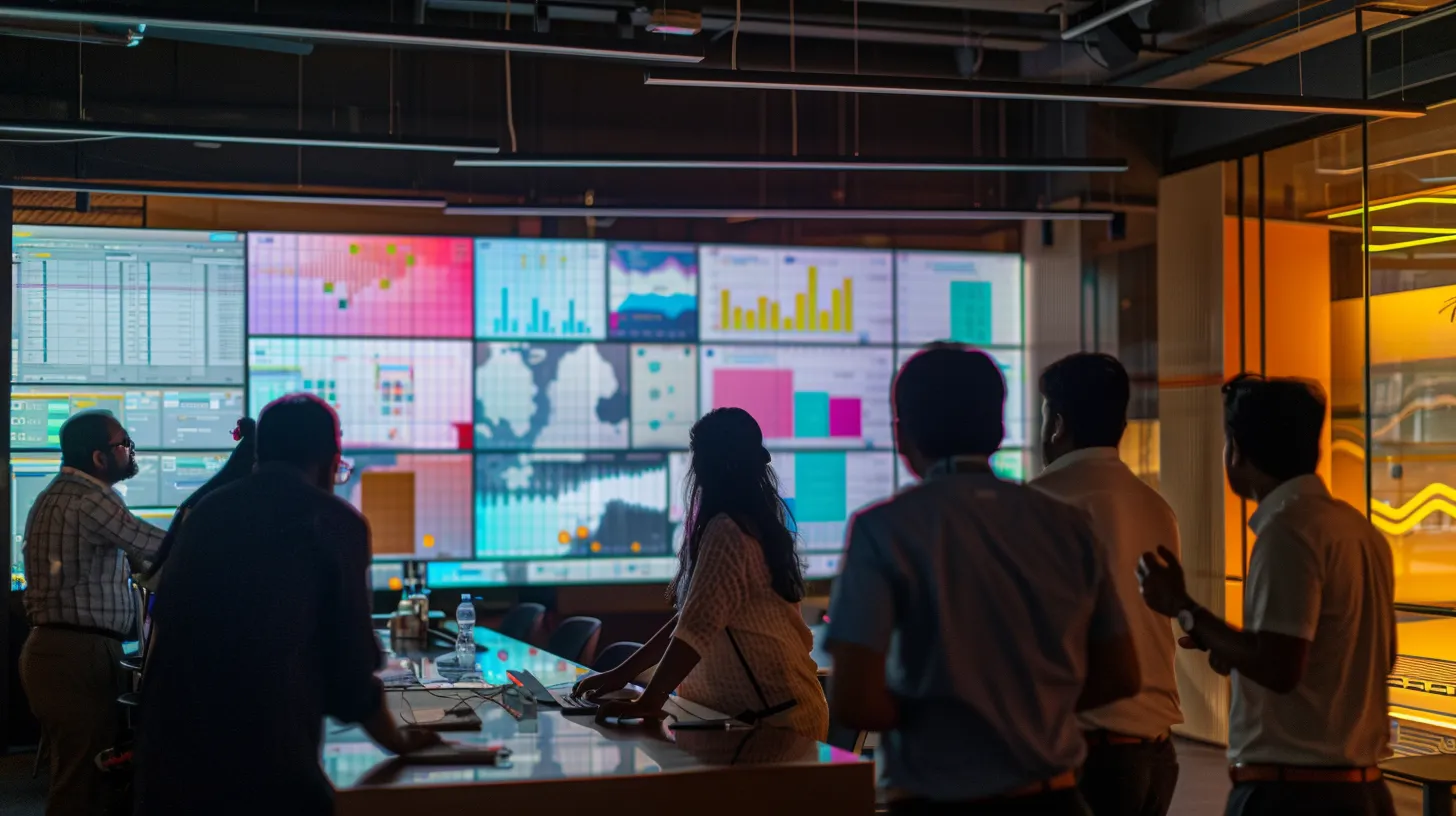 a dynamic urban workspace featuring professionals engaged in vibrant discussions around large digital screens displaying user engagement analytics and social media strategies, illuminated by modern led lighting, showcasing the innovative marketing tactics of a leading social media app in india. Marketing Strategies