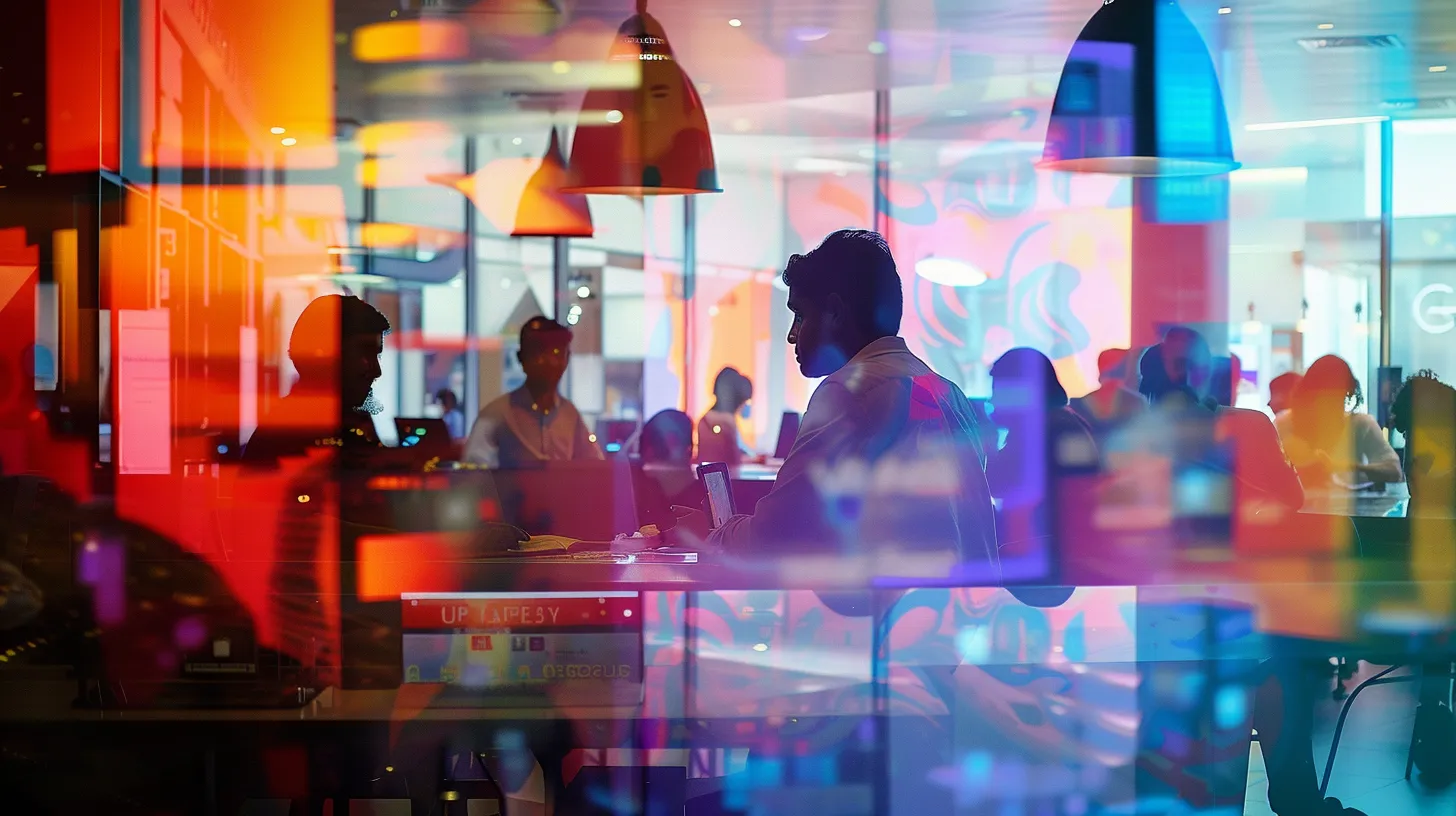 a vibrant urban office environment showcases diverse professionals engaging with a social media app on sleek devices, surrounded by colorful graphics representing cultural trends and local festivities, highlighting the app's impact on user interaction in india. Cultural Trends on Social Media Usage