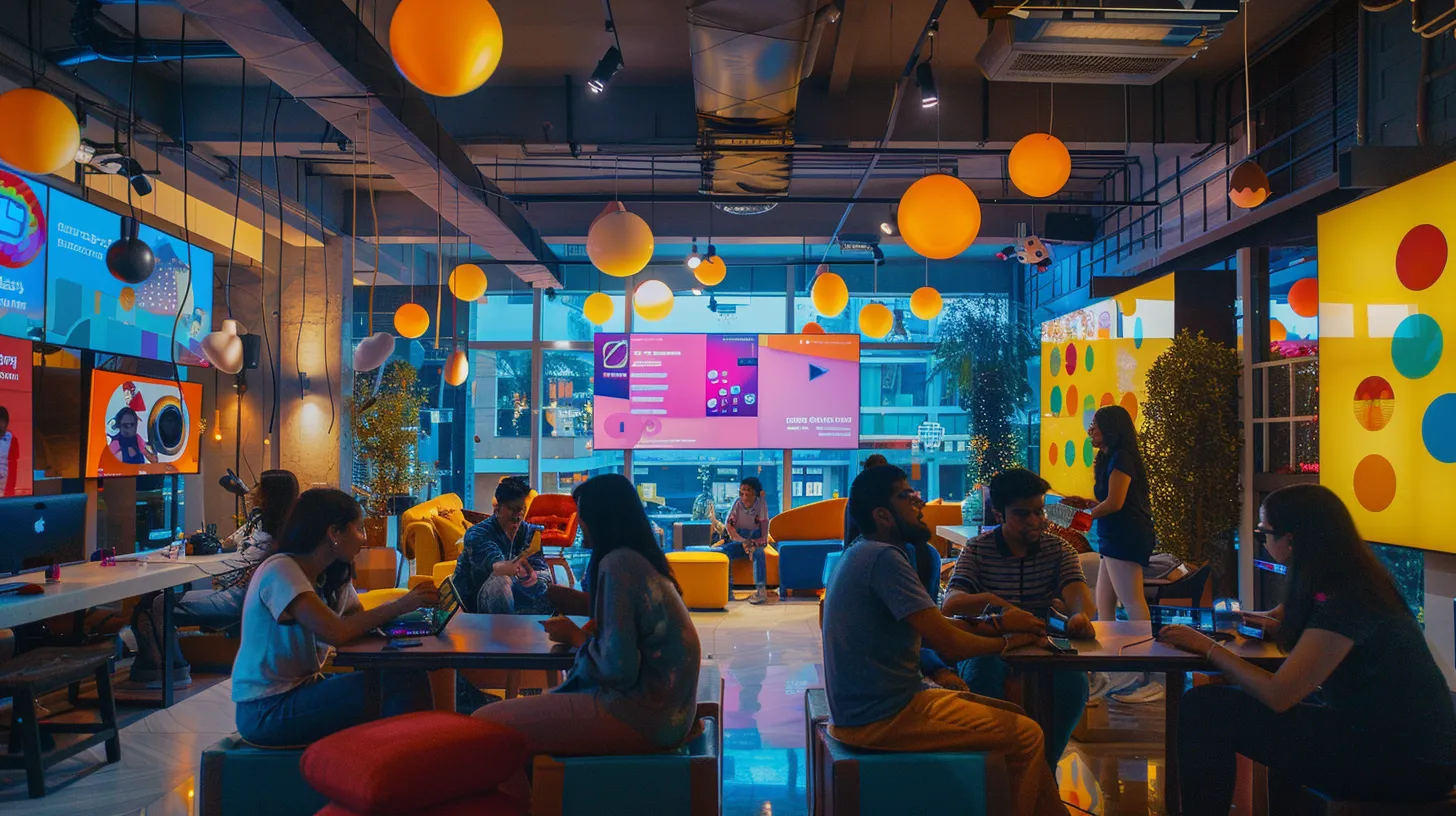 a vibrant urban setting depicts engaged young adults gathered in a modern co-working space, animatedly sharing content on their smartphones, surrounded by large screens displaying social media trends and colorful graphics symbolizing the dynamic growth of india's leading social media app. Leading Social Media App
