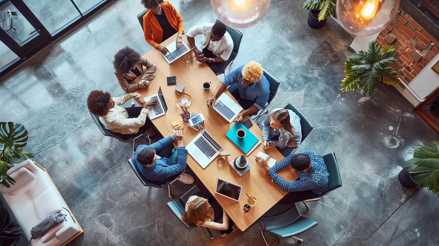a vibrant urban workspace featuring a diverse team of professionals excitedly collaborating around a modern conference table, showcasing the innovative features of a leading social media app displayed on sleek digital devices, with engaging elements like music interfaces and live streaming visuals prominently featured on screens. Leading Social Media App