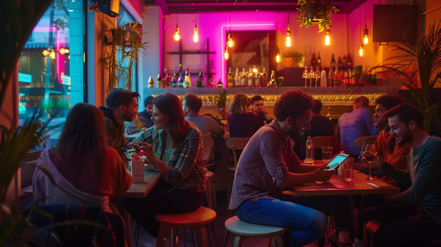 a vibrant urban café filled with a diverse group of people of various ages engaged with their smartphones, immersed in the captivating interface of a leading social media app, with a contemporary aesthetic featuring stylish furniture and atmospheric lighting. Popularity and Acceptance of the App Among Different Age Groups